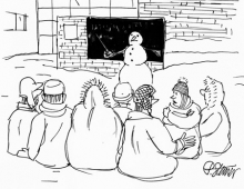 cartoon of a snowman teaching a class outside